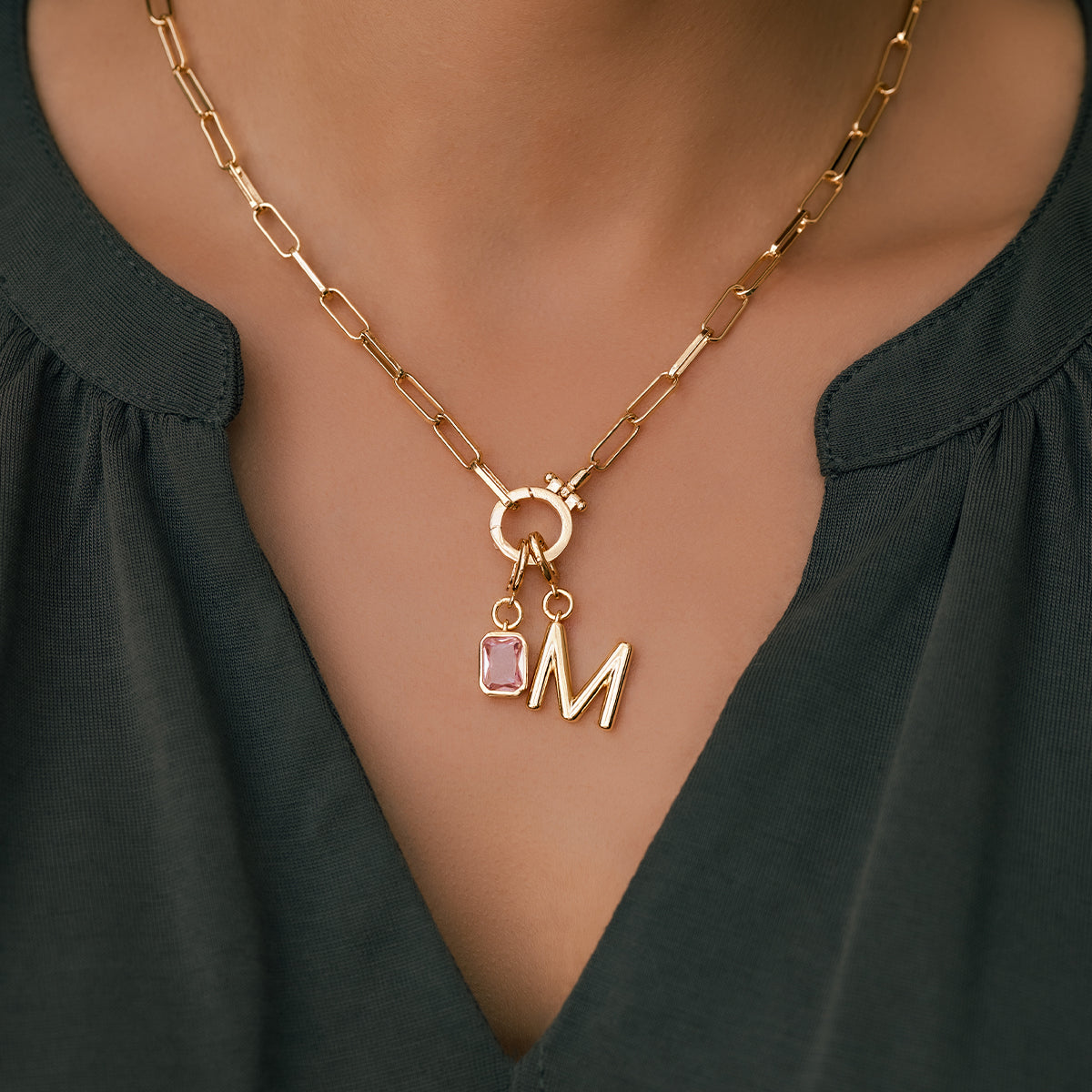 Mint Paperclip Necklace with Initial & Birthstone Charm