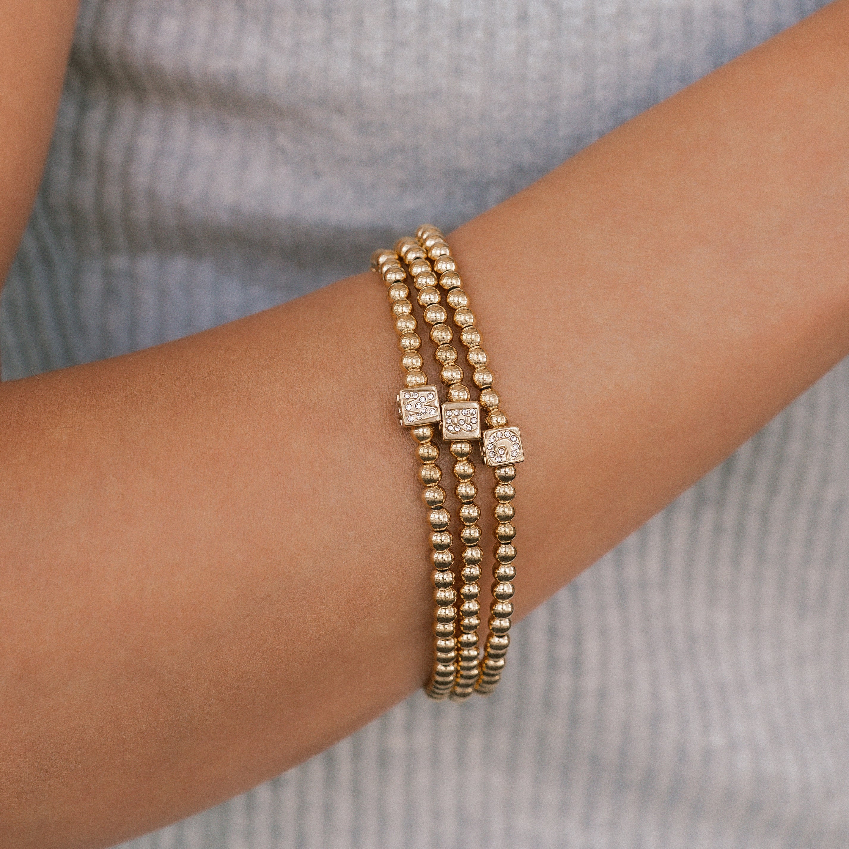 Gold Beaded Block Initial Bracelet