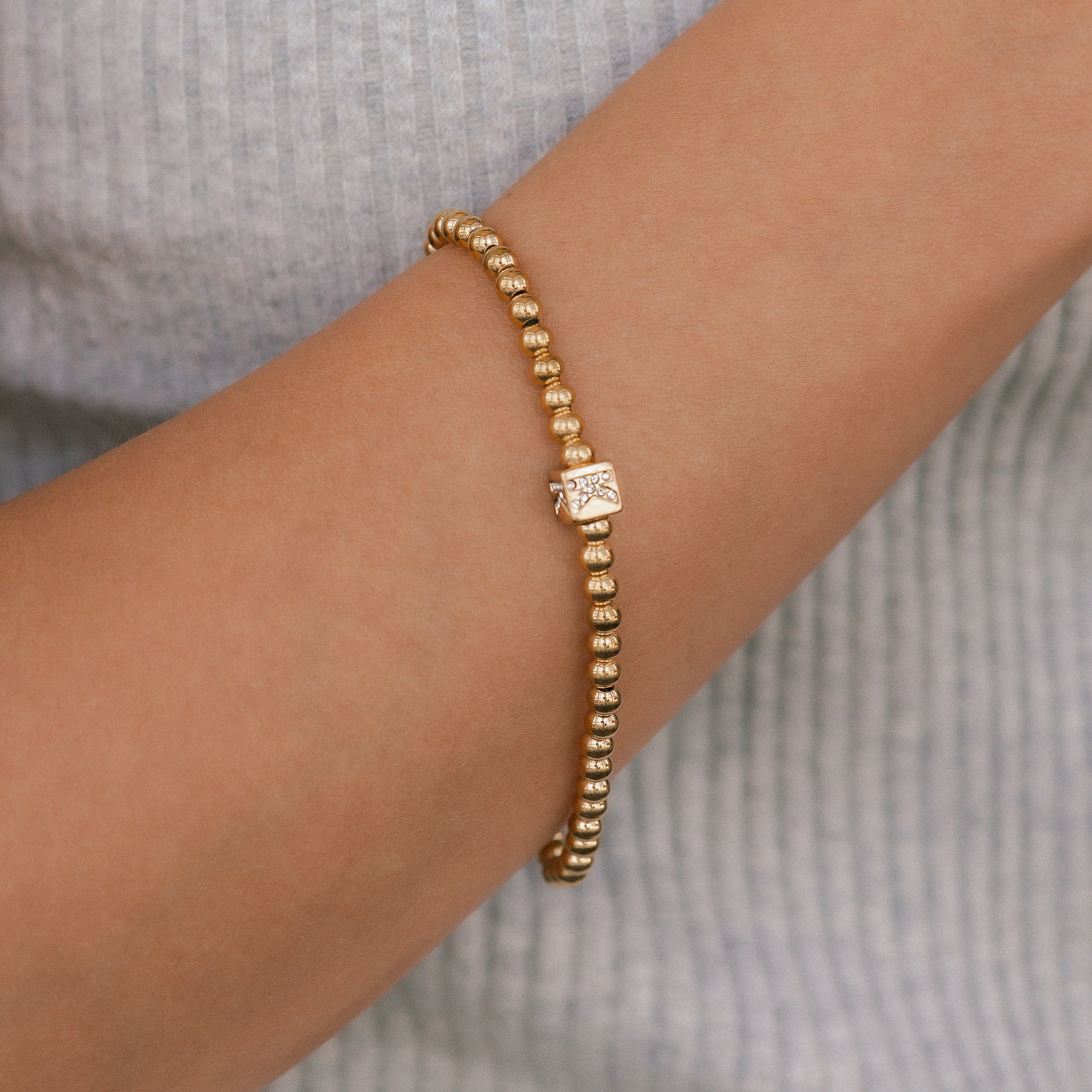Gold Beaded Block Initial Bracelet