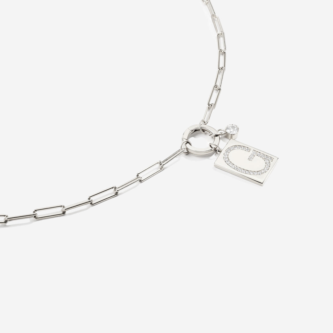 Sterling Silver Pavé Initial Necklace – Paperclip Chai