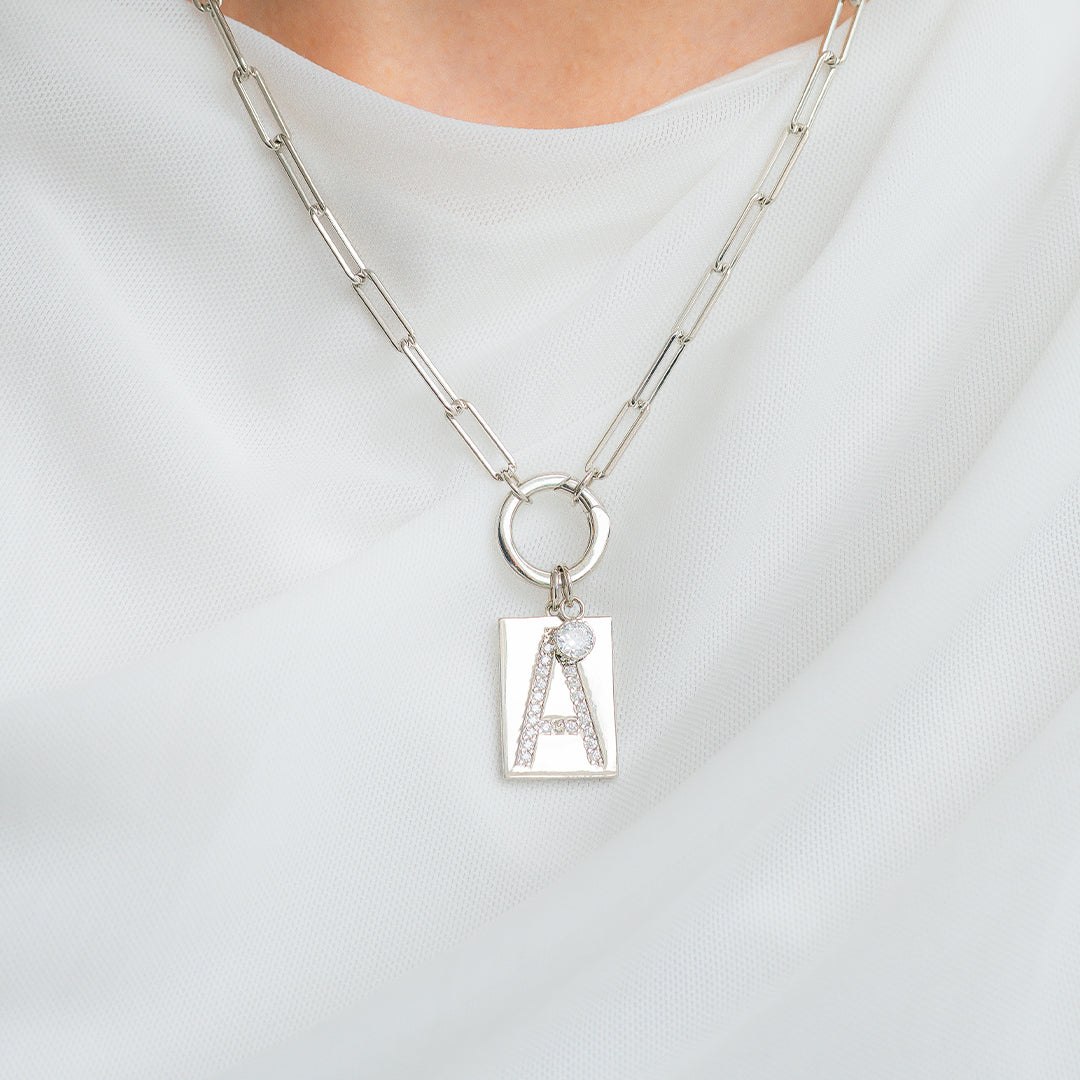 Sterling Silver Pavé Initial Necklace – Paperclip Chai