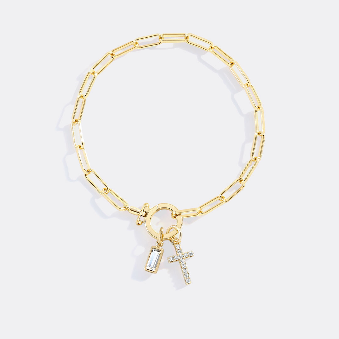Cross Charm Birthstone Paperclip Bracelet