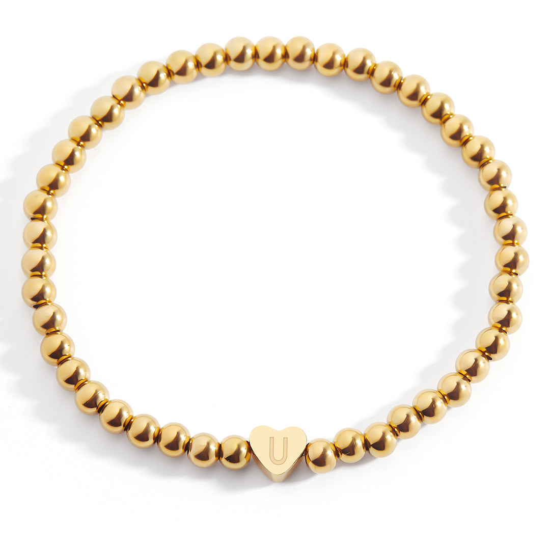 Gold Beaded Bracelet with Heart Initial