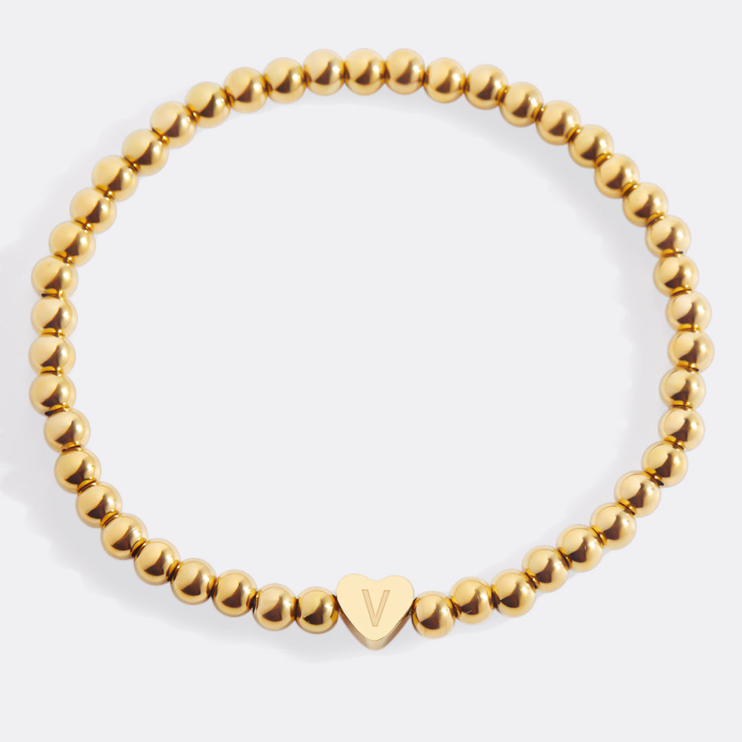 Gold Beaded Bracelet with Heart Initial