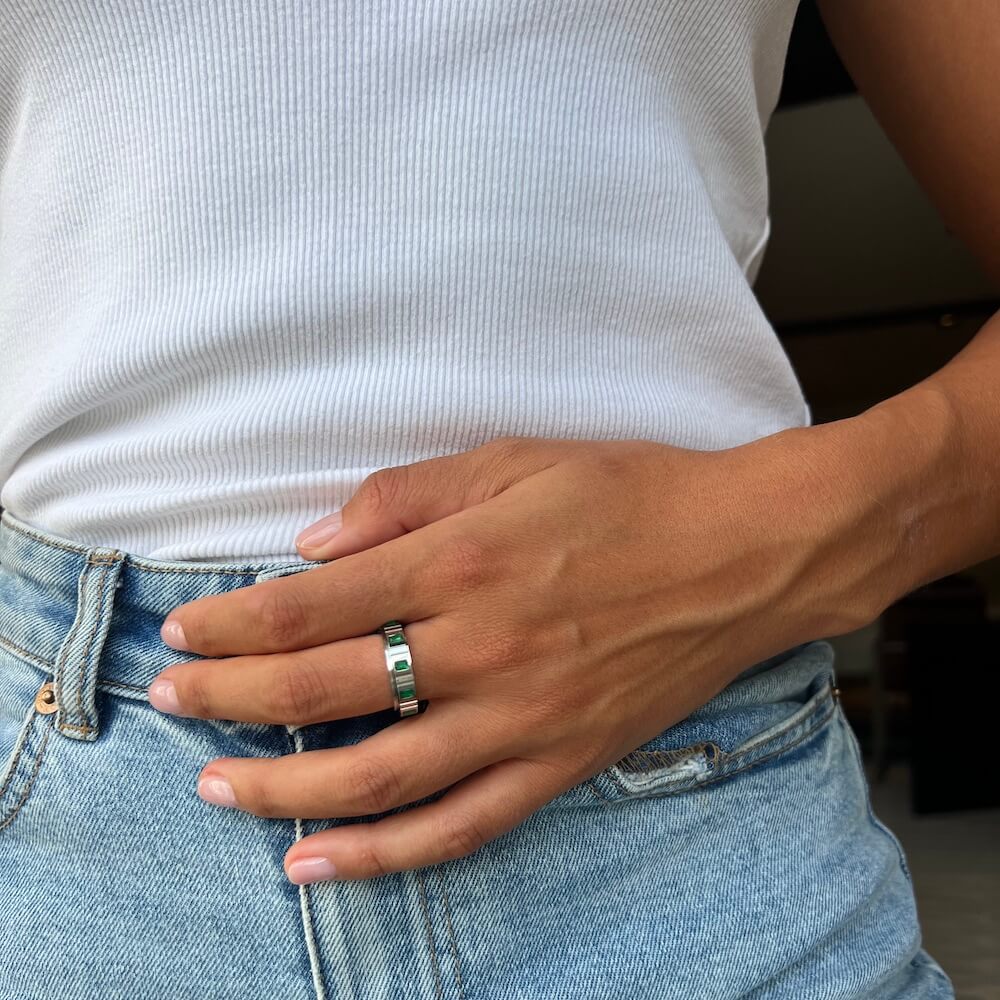 Silver Emerald Crystal Anxiety Ring