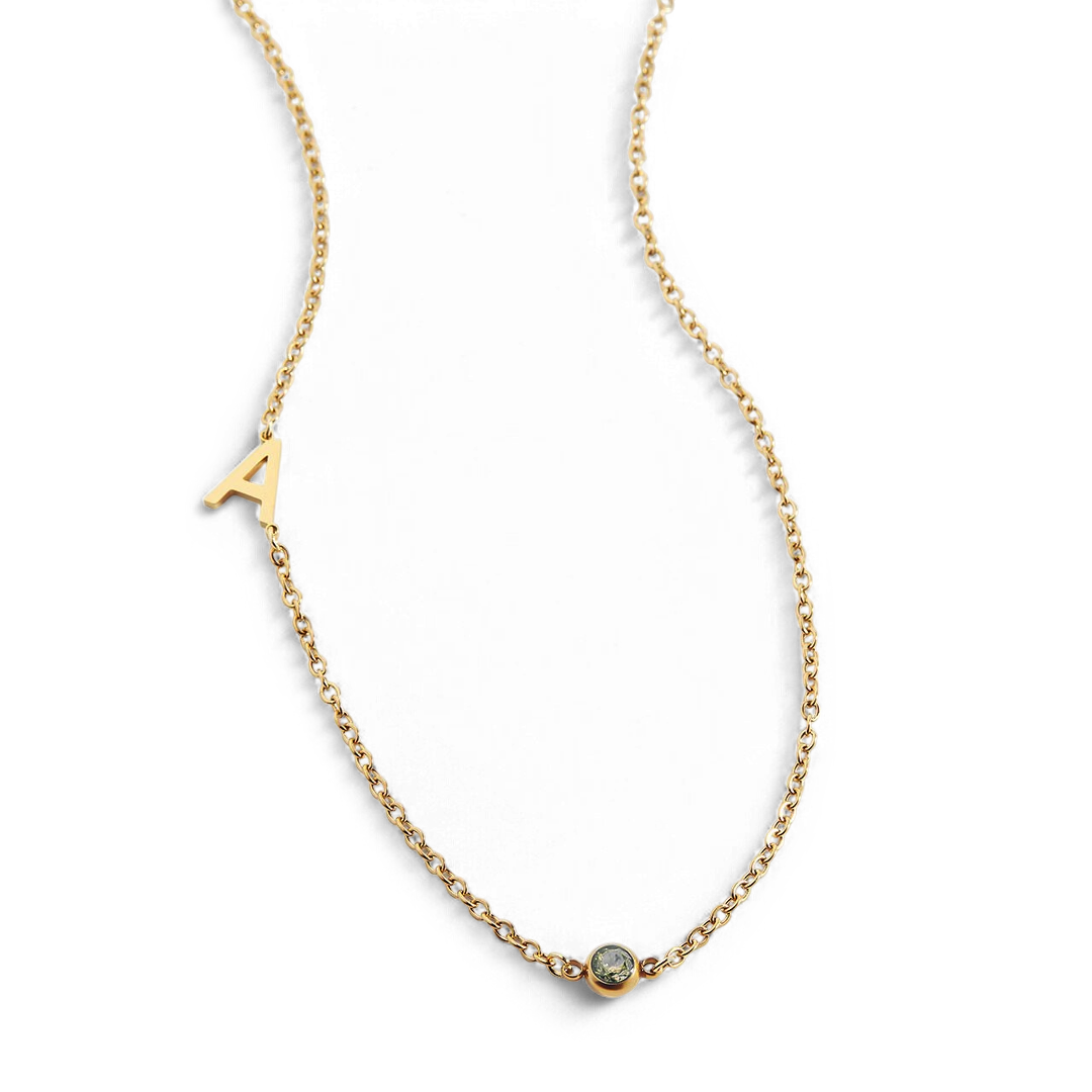 Initial Necklace with Birthstone Accent