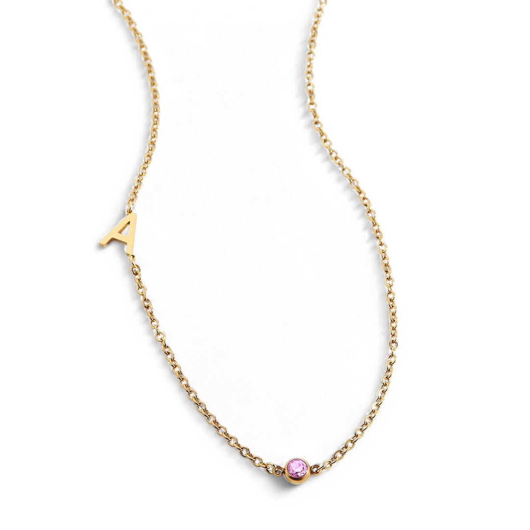 Initial Necklace with Birthstone Accent