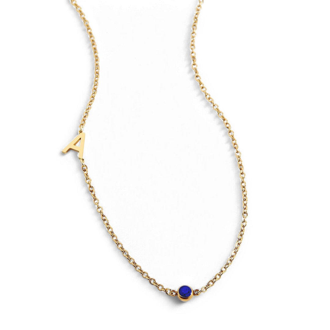 Initial Necklace with Birthstone Accent