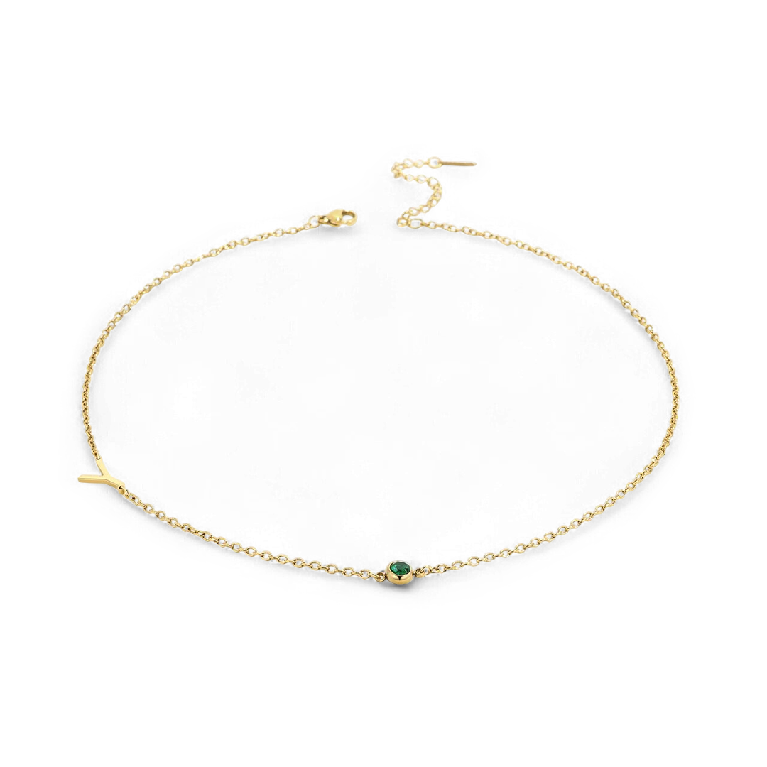 Initial Necklace with Birthstone Accent