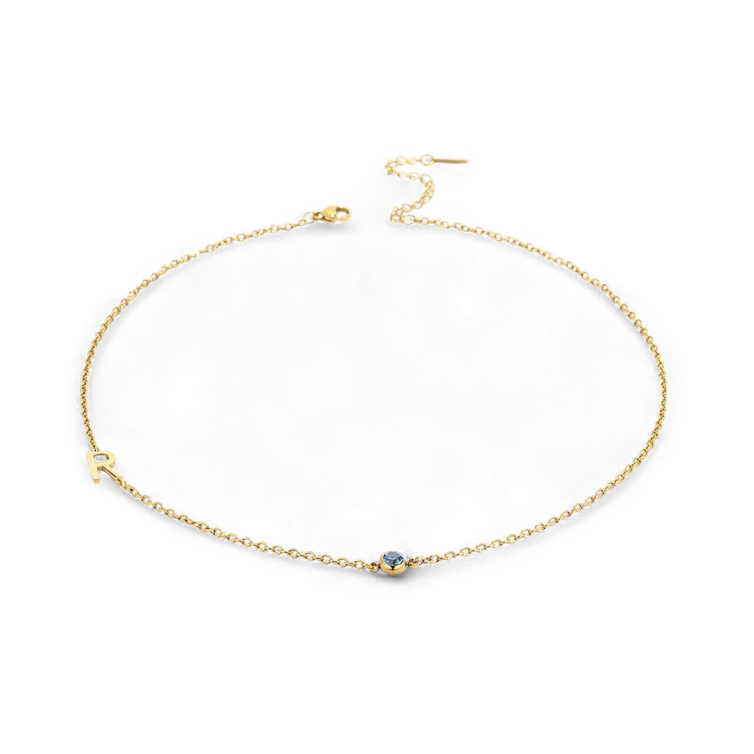 Initial Necklace with Birthstone Accent