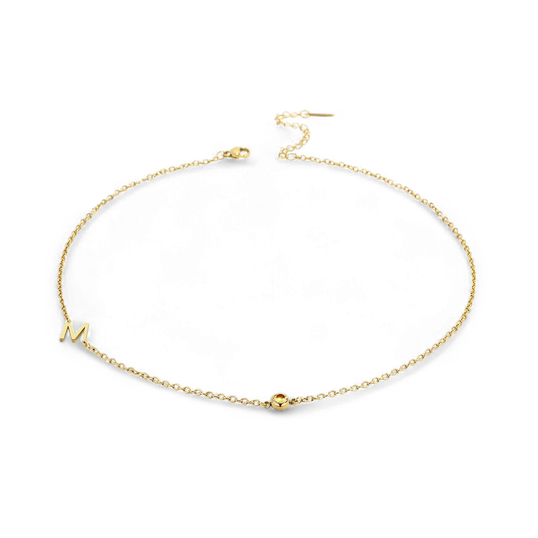 Initial Necklace with Birthstone Accent