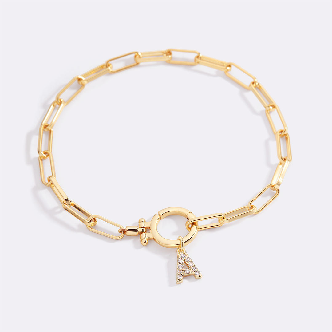 Mint Paperclip Bracelet with Pave Initial Charm