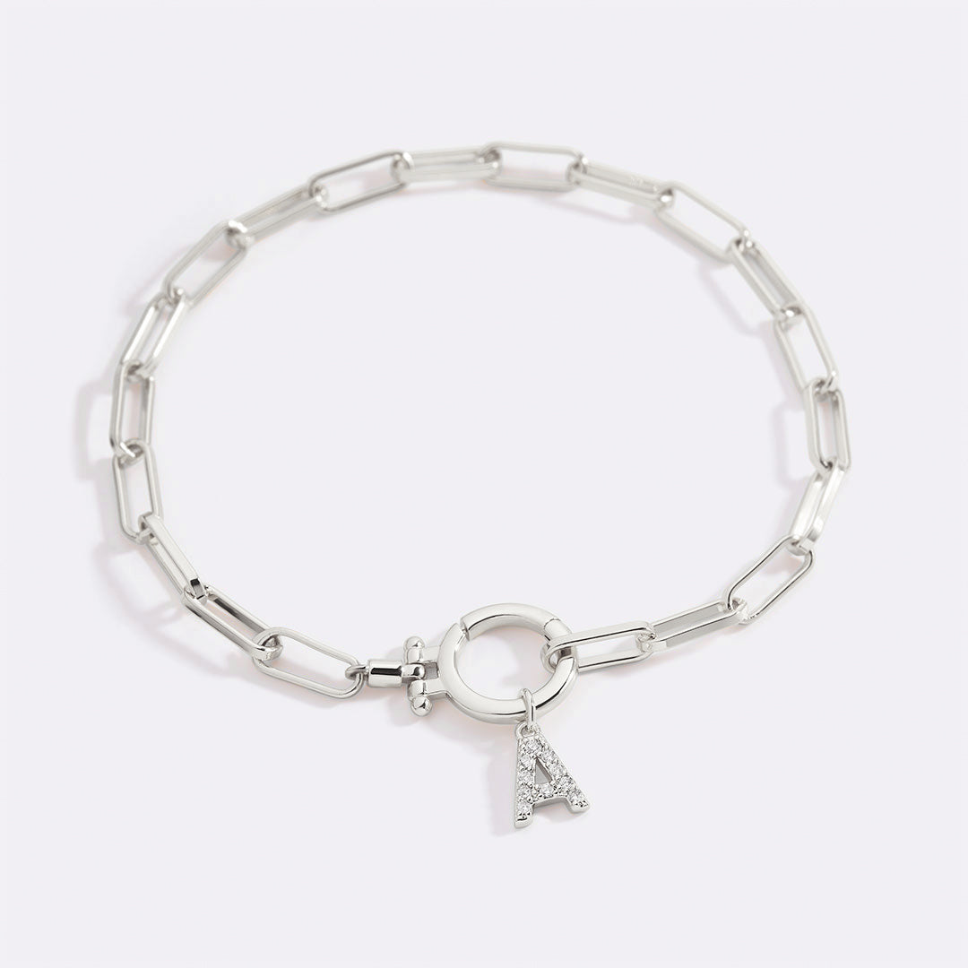 Mint Paperclip Bracelet with Pave Initial Charm