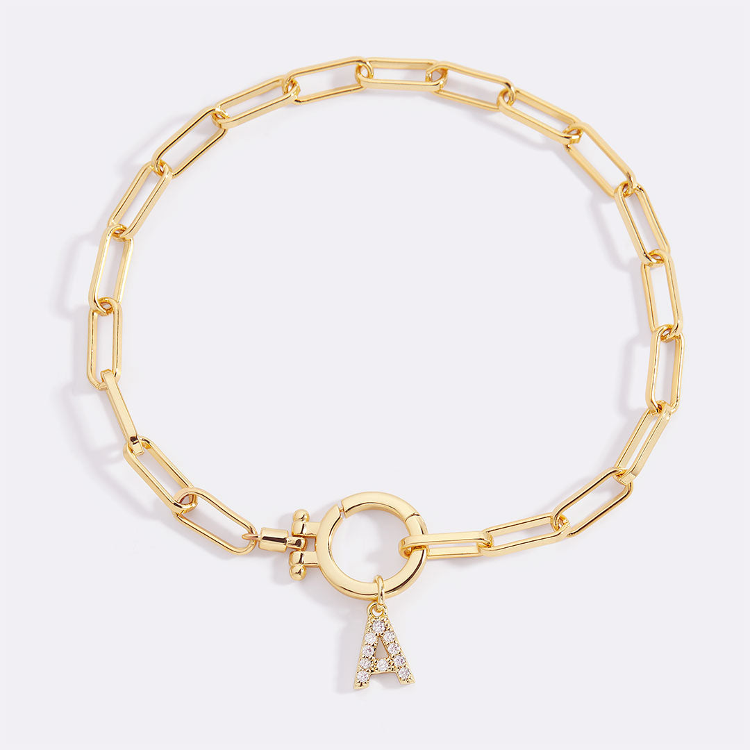 Mint Paperclip Bracelet with Pave Initial Charm