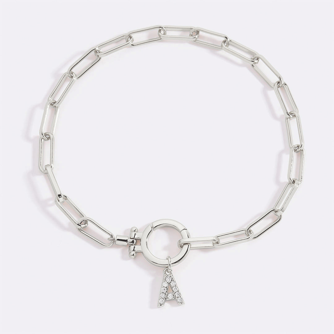 Mint Paperclip Bracelet with Pave Initial Charm