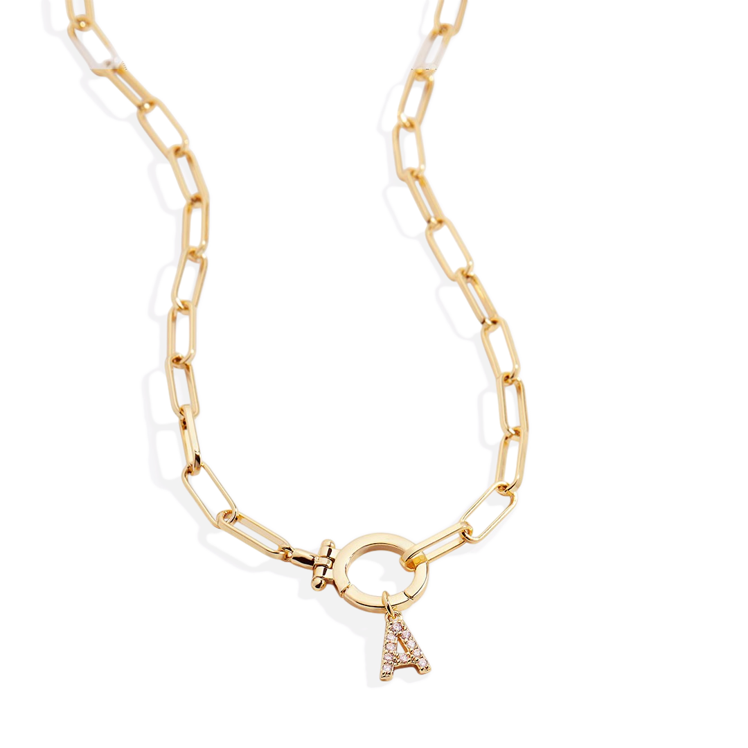 Mint Paperclip Necklace with Pave Initial Charm