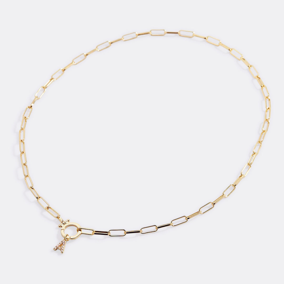 Mint Paperclip Necklace with Pave Initial Charm