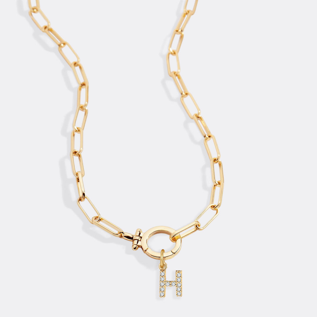 Mint Paperclip Necklace with Pave Initial Charm