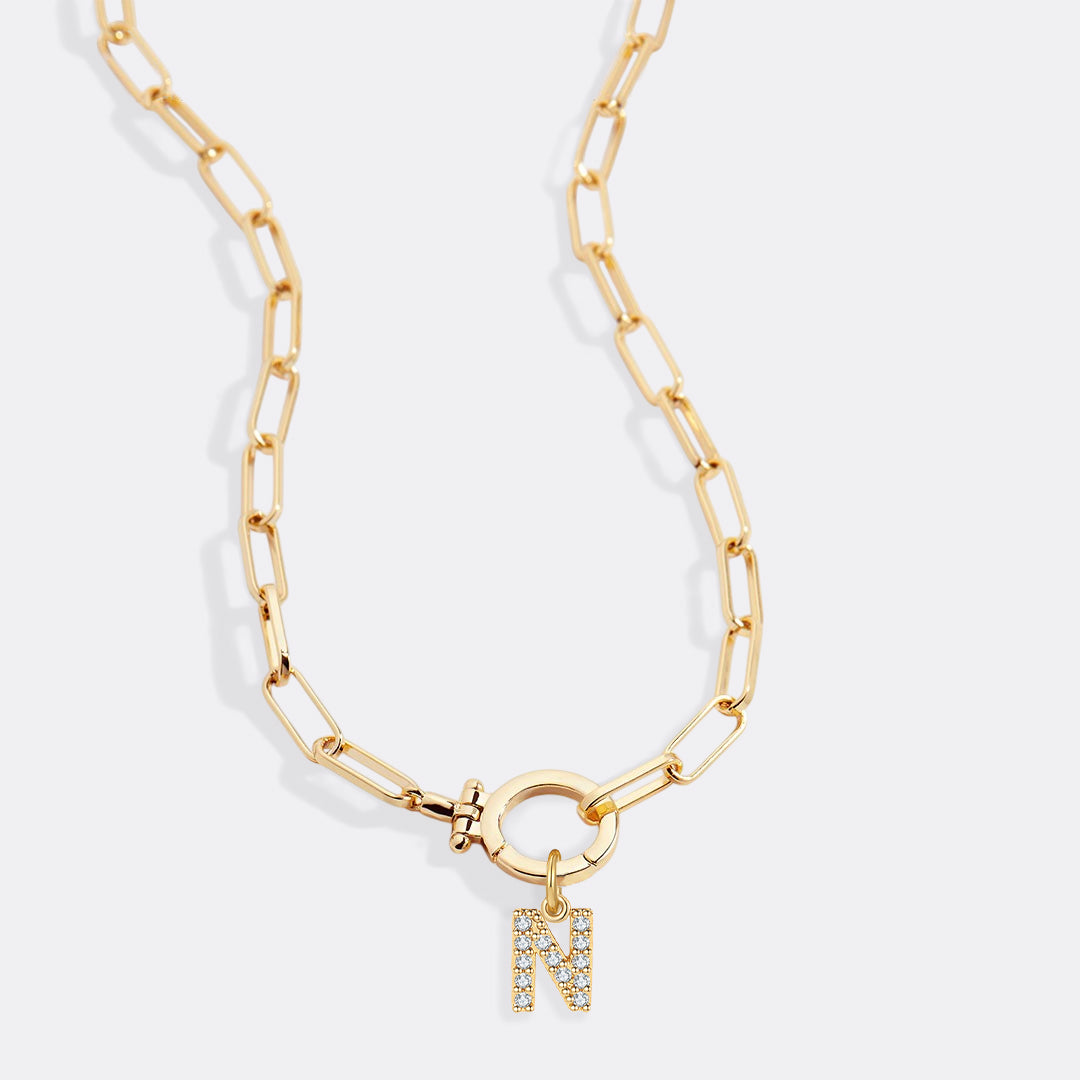 Mint Paperclip Necklace with Pave Initial Charm