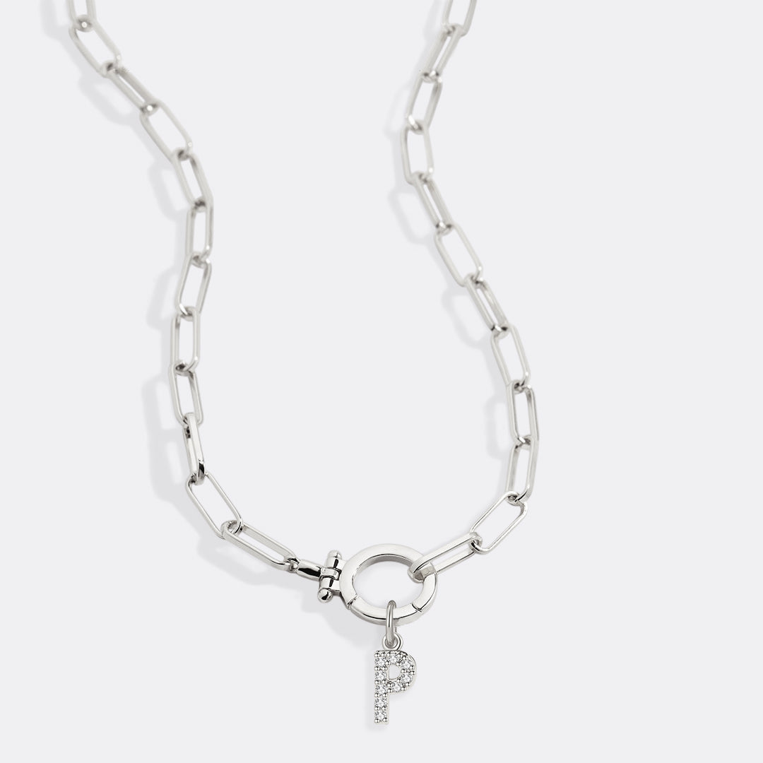 Mint Paperclip Necklace with Pave Initial Charm