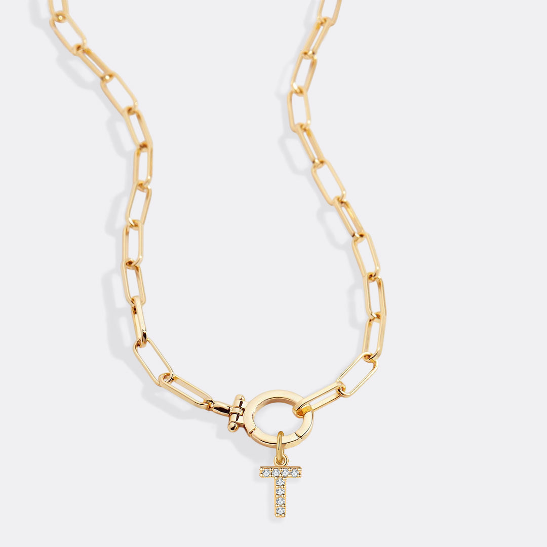 Mint Paperclip Necklace with Pave Initial Charm