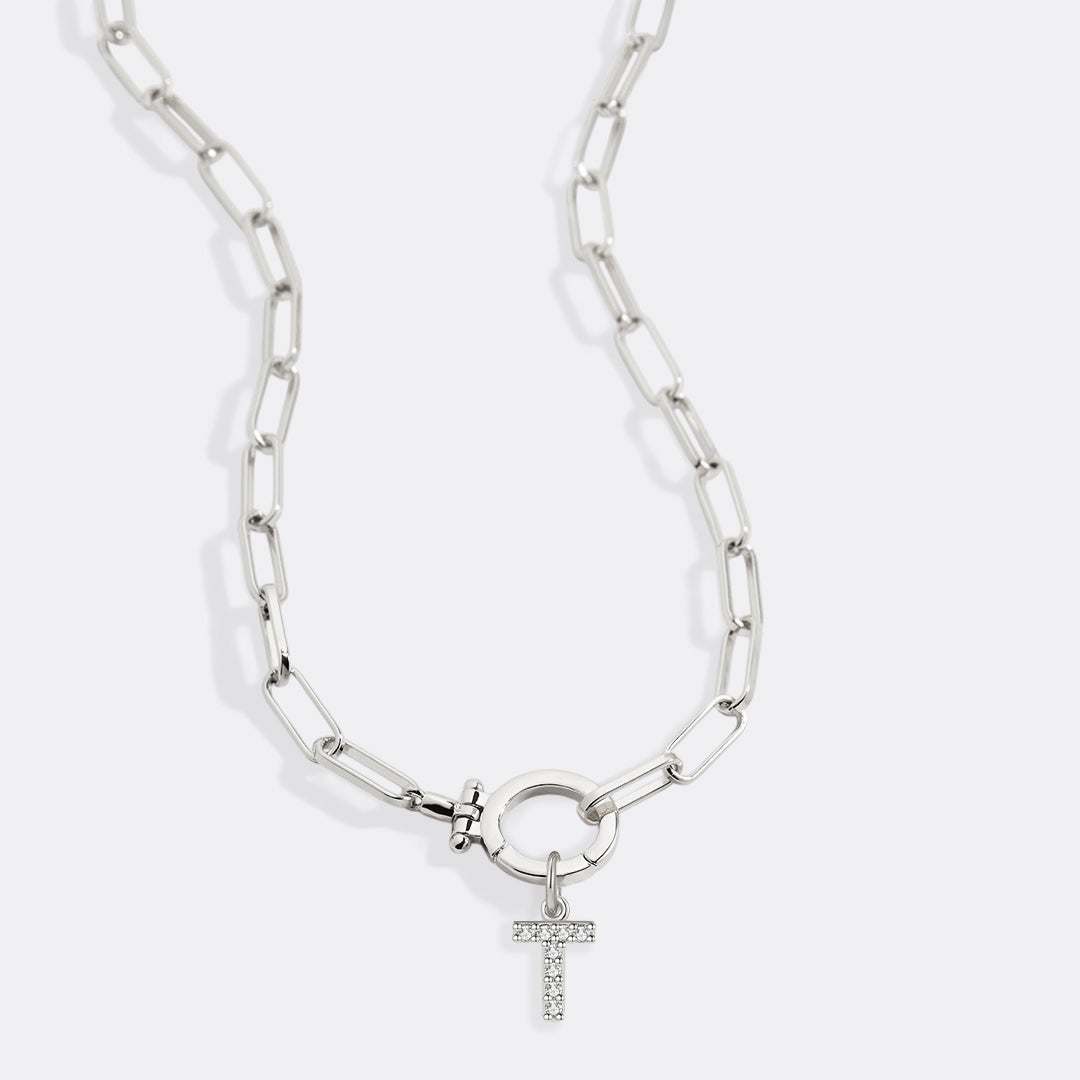 Mint Paperclip Necklace with Pave Initial Charm