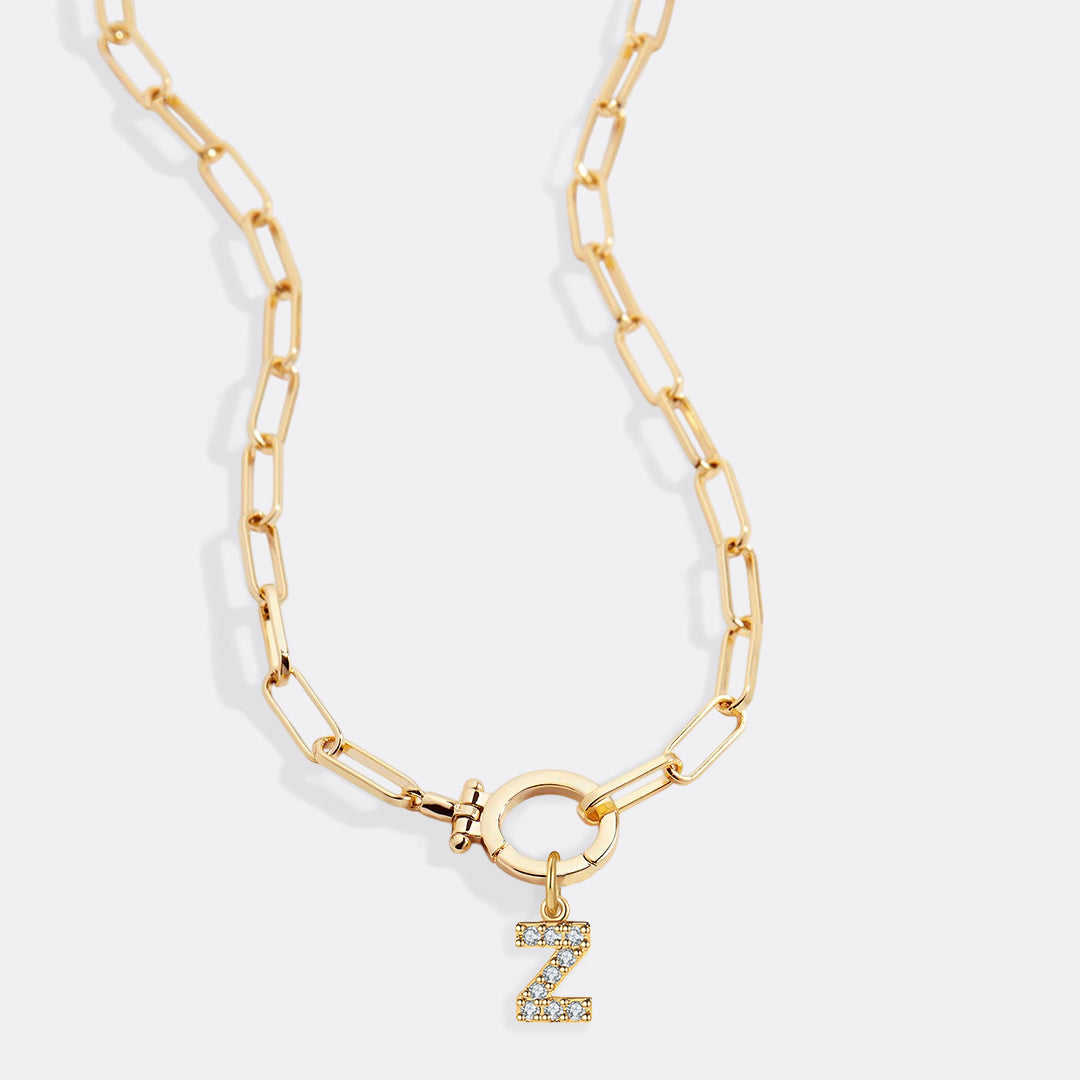 Mint Paperclip Necklace with Pave Initial Charm