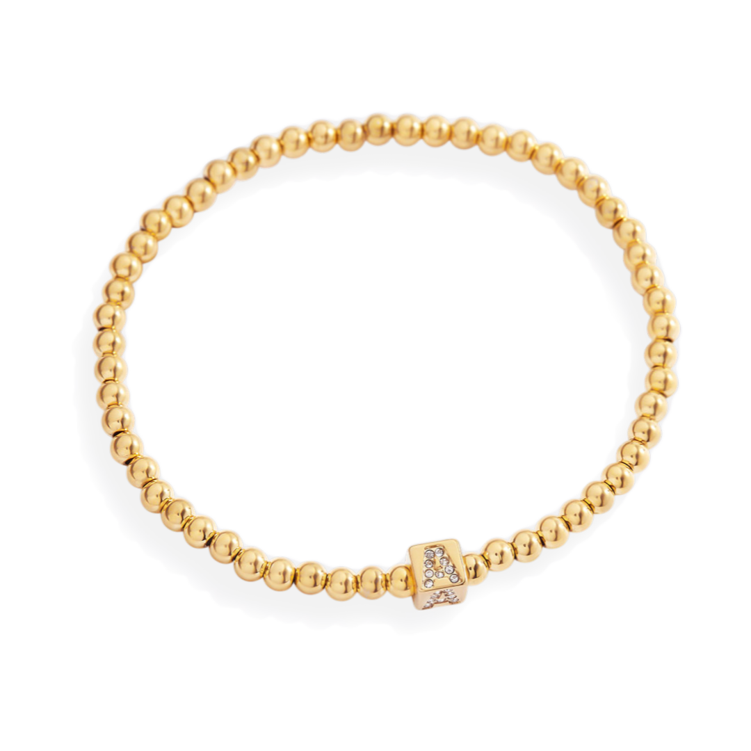 Gold Beaded Block Initial Bracelet