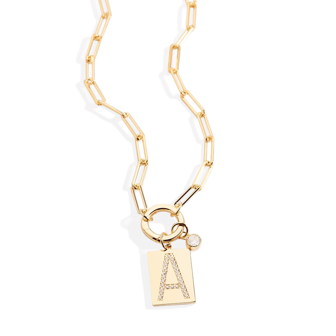 Gold Pave Initial Pendant Necklace with Paperclip Chain