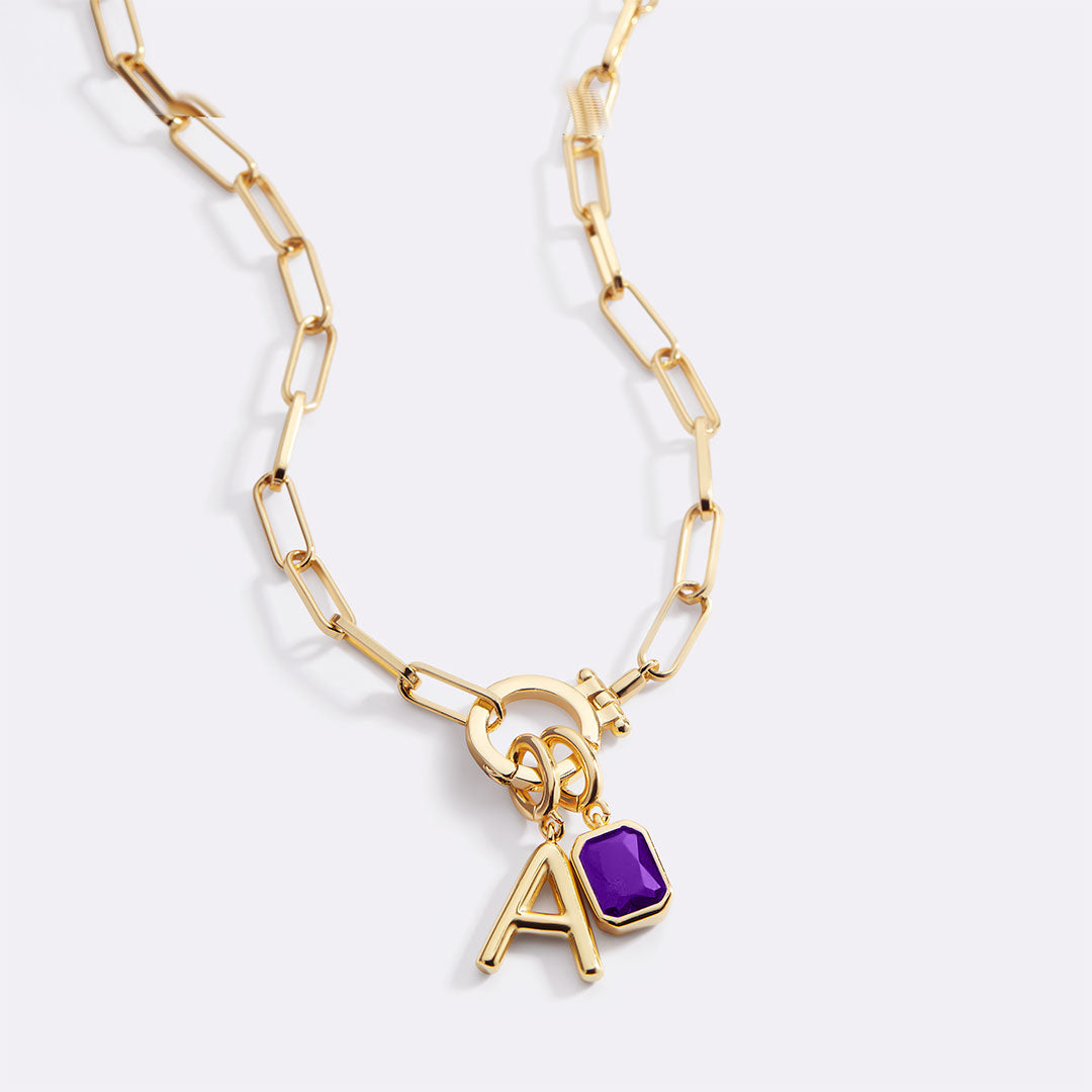 Mint Paperclip Necklace with Initial & Birthstone Charm