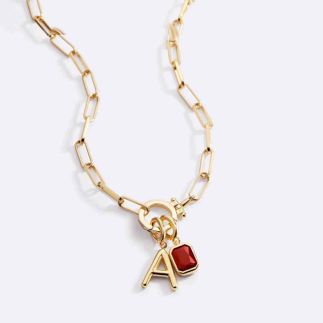 Mint Paperclip Necklace with Initial & Birthstone Charm