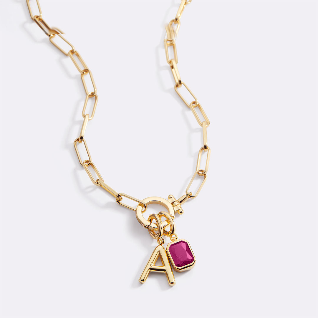 Mint Paperclip Necklace with Initial & Birthstone Charm