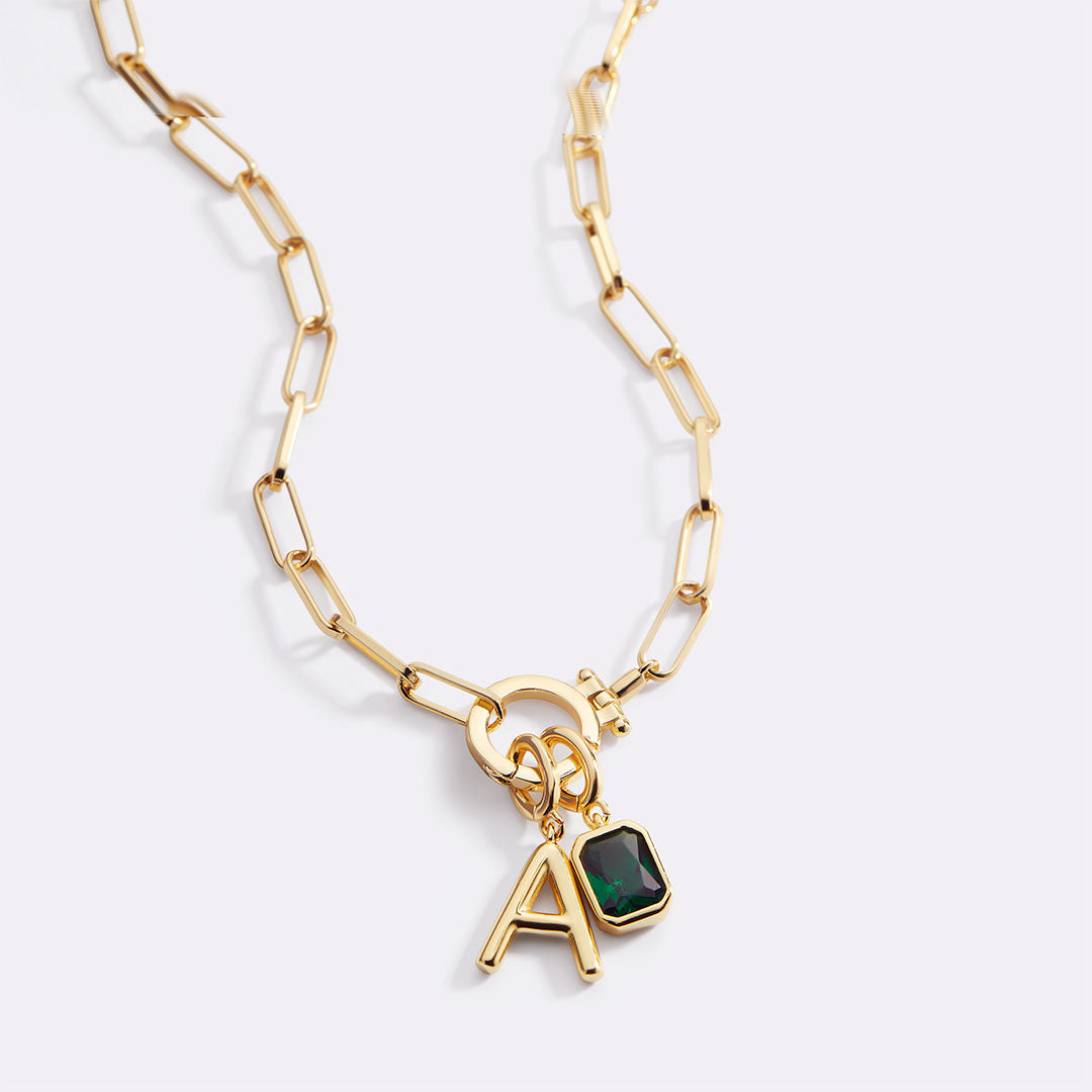 Mint Paperclip Necklace with Initial & Birthstone Charm