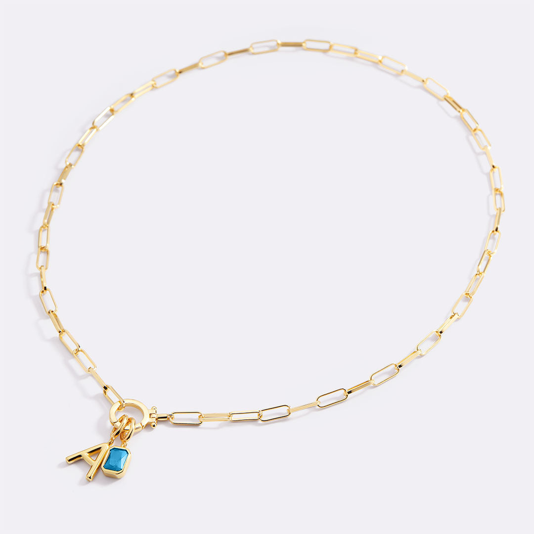 Mint Paperclip Necklace with Initial & Birthstone Charm