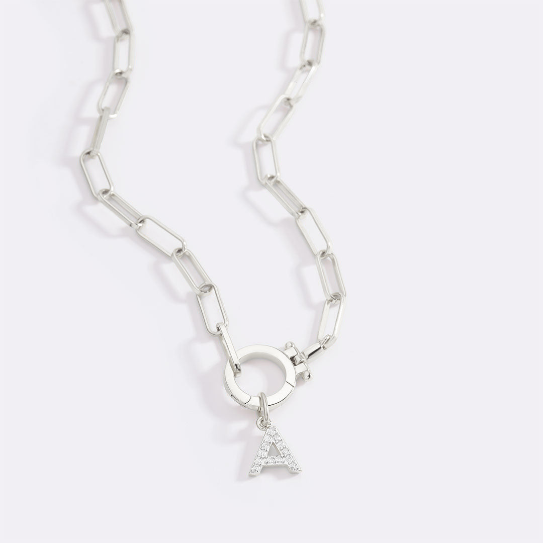 Mint Paperclip Necklace with Pave Initial Charm