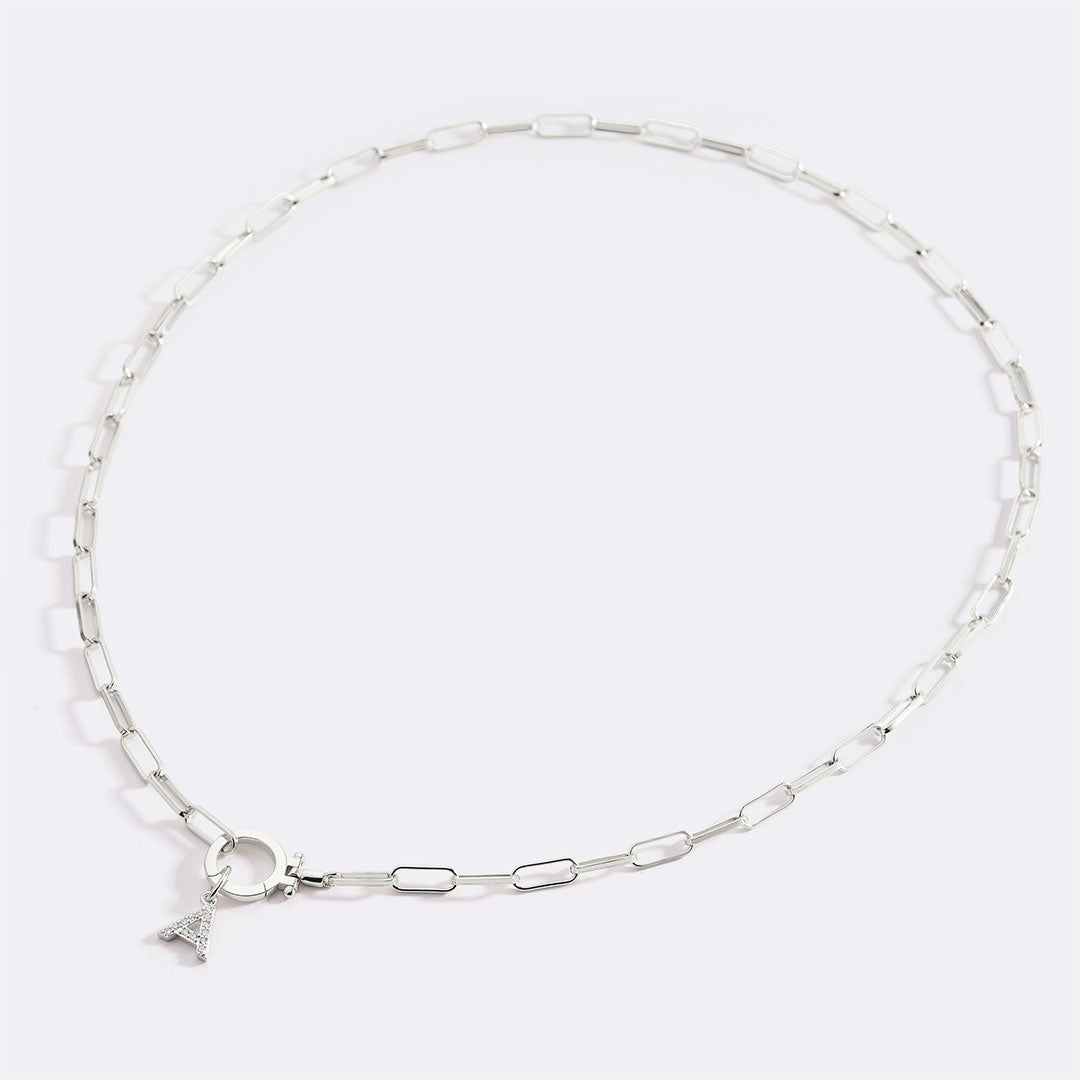 Mint Paperclip Necklace with Pave Initial Charm