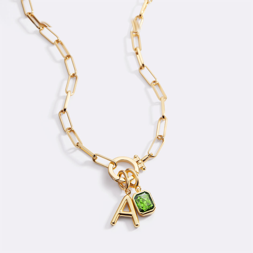 Mint Paperclip Necklace with Initial & Birthstone Charm