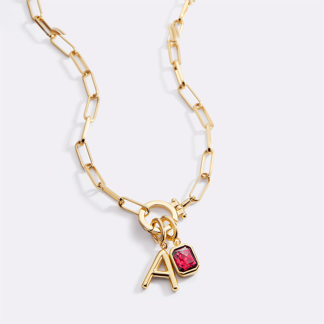 Mint Paperclip Necklace with Initial & Birthstone Charm