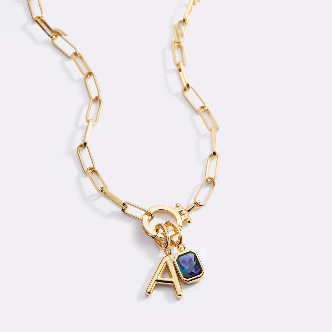 Mint Paperclip Necklace with Initial & Birthstone Charm