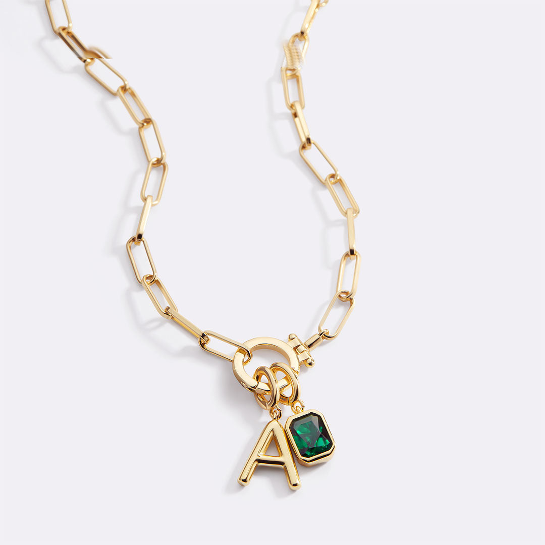 Mint Paperclip Necklace with Initial & Birthstone Charm