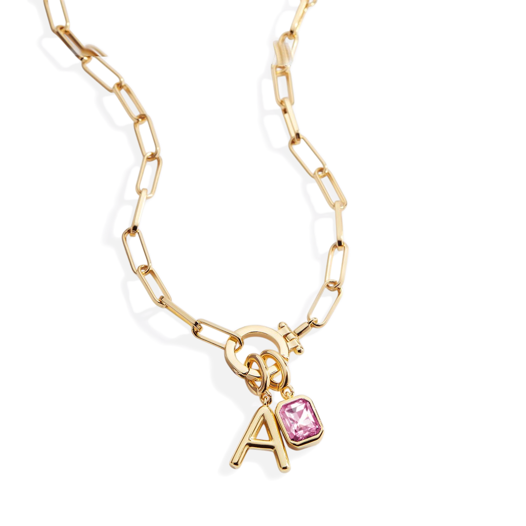 Mint Paperclip Necklace with Initial & Birthstone Charm