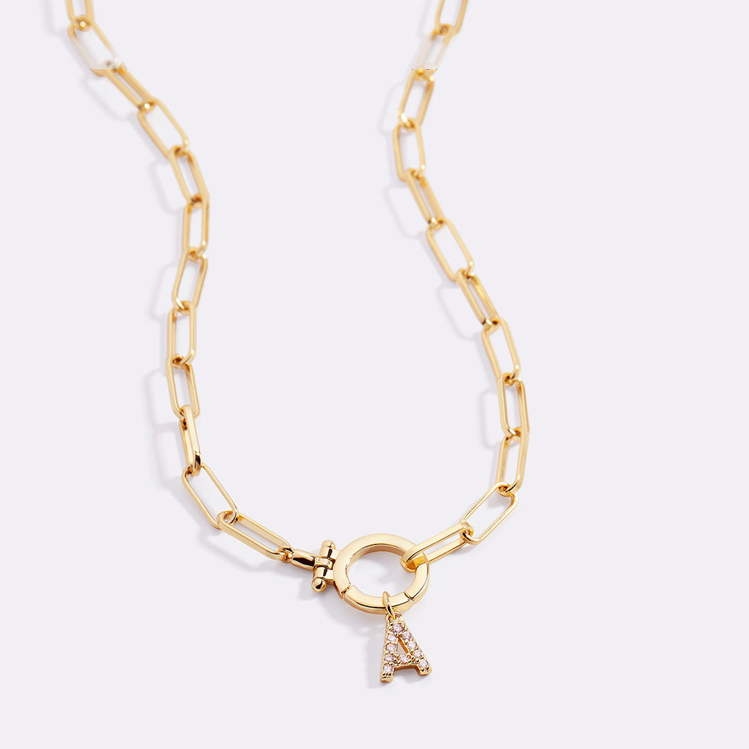 Mint Paperclip Necklace with Pave Initial Charm