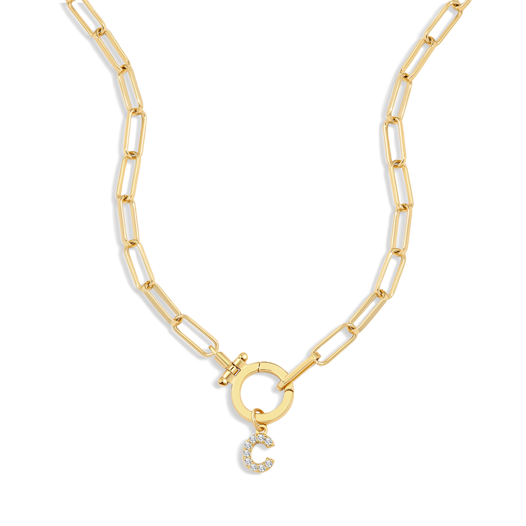 Mint Paperclip Necklace with Pave Initial Charm