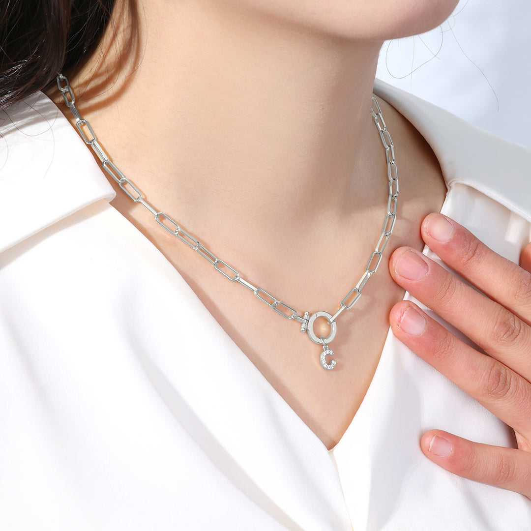 Mint Paperclip Necklace with Pave Initial Charm