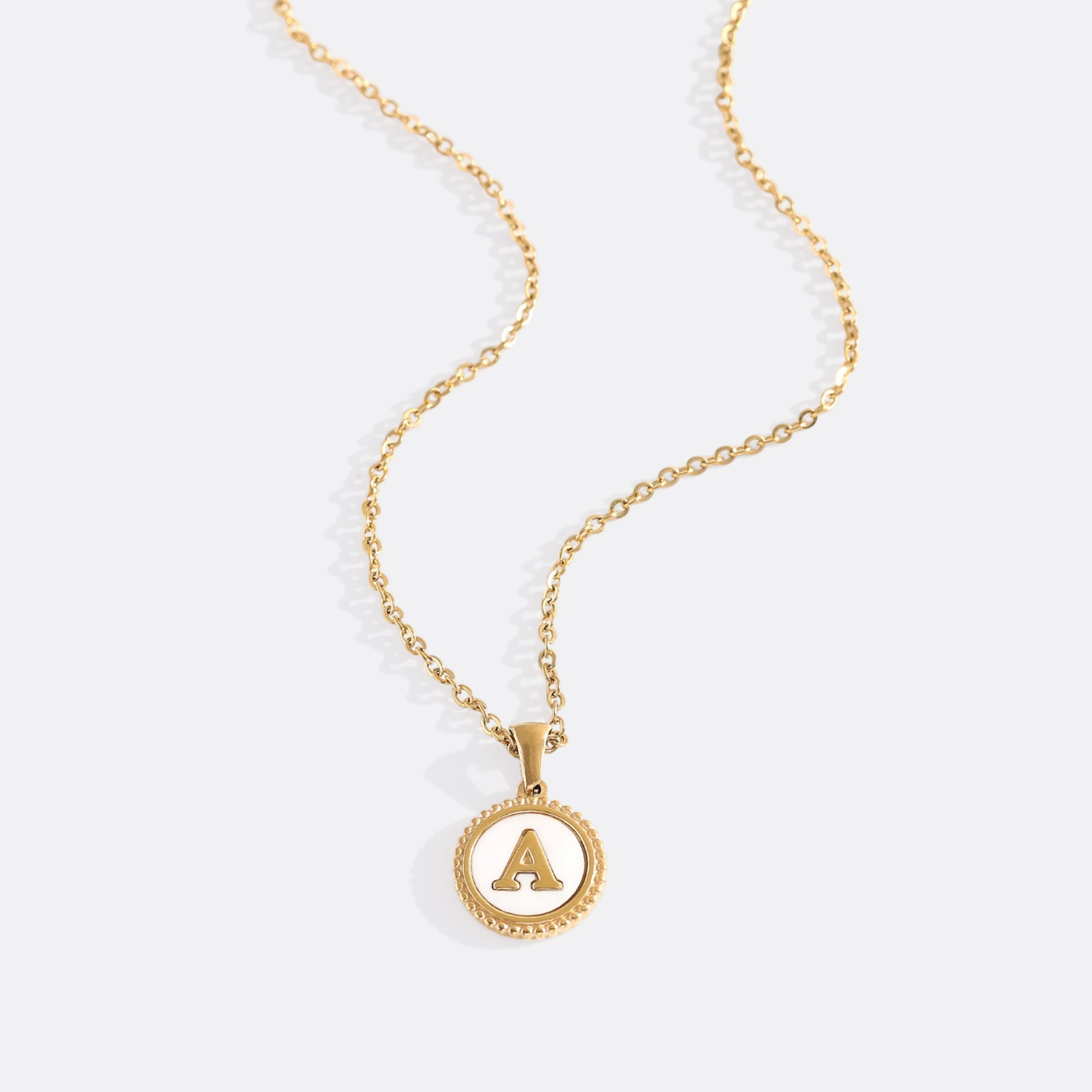 Mother of Pearl Disc Letter Necklace with Cable Chain