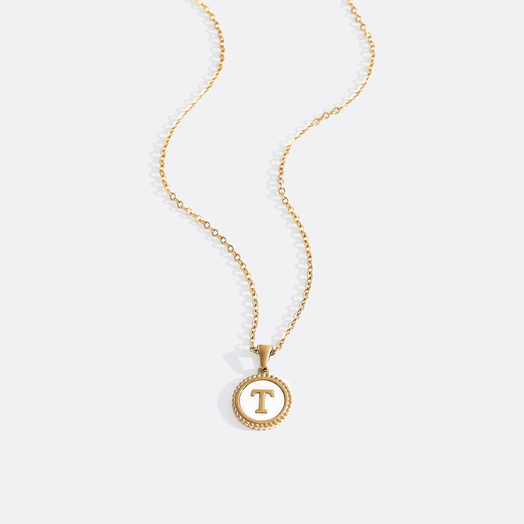 Mother of Pearl Disc Letter Necklace with Cable Chain