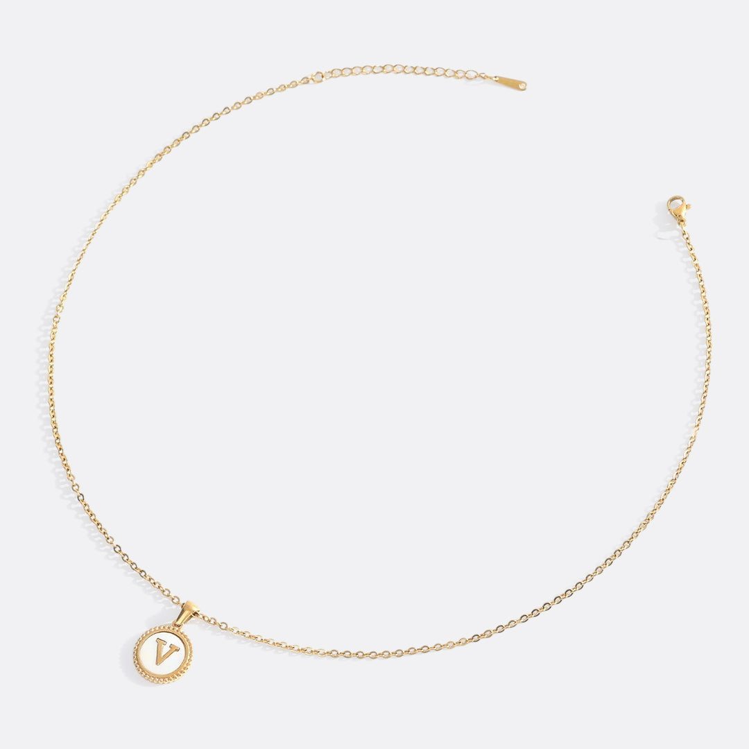 Mother of Pearl Disc Letter Necklace with Cable Chain