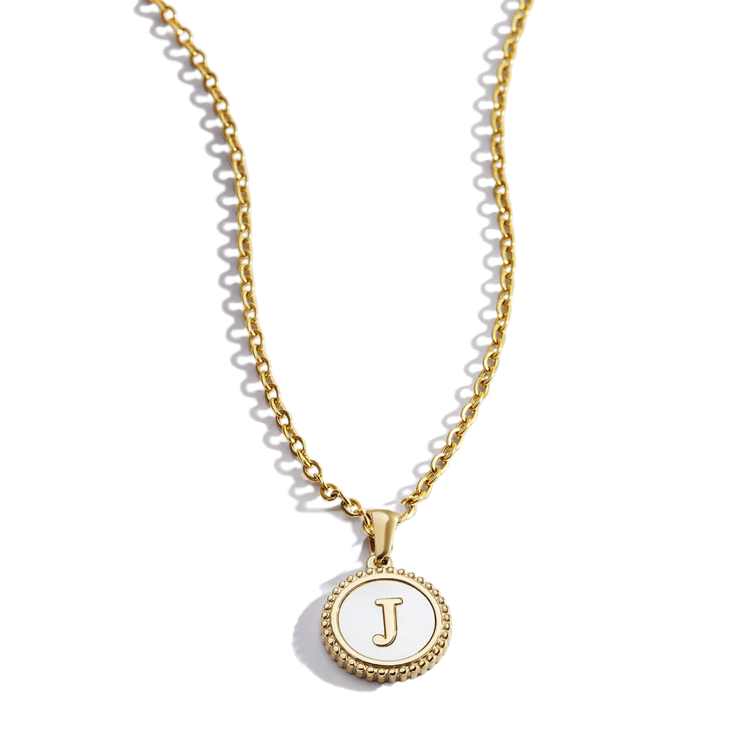 Mother of Pearl Disc Letter Necklace with Cable Chain