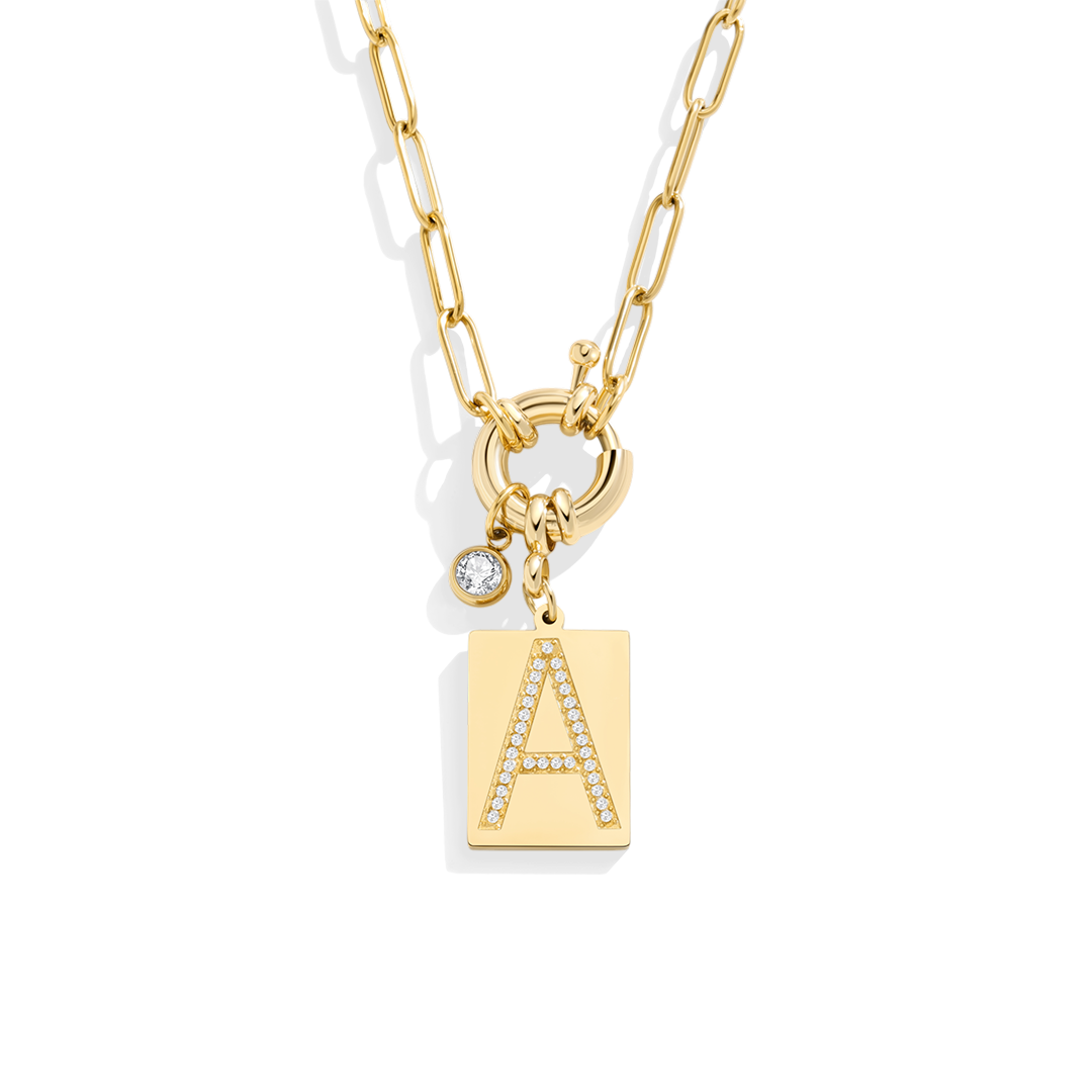 Gold Pave Initial Pendant Necklace with Paperclip Chain