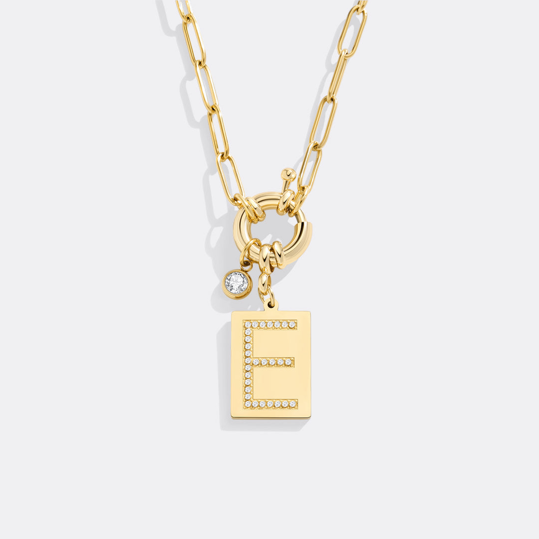 Gold Pave Initial Pendant Necklace with Paperclip Chain